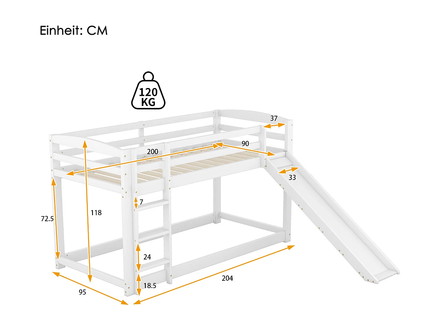 Lits Superposés Enfant - Lit Mezzanine Avec Toboggan - Cadre En Pin Massif - 90X200cm - Blanc