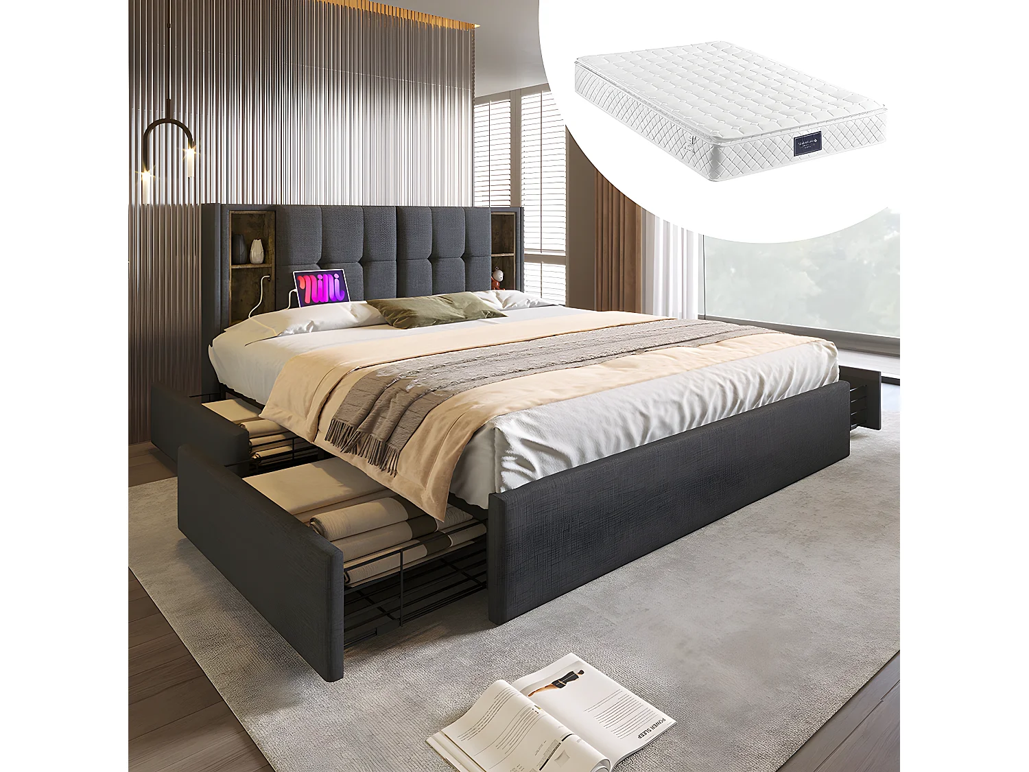 Cama acolchoada para adulto 180 x 1335 cm, sem cabeceira, com faixa LED (monocromática), base com suspensão hidráulica, bege.