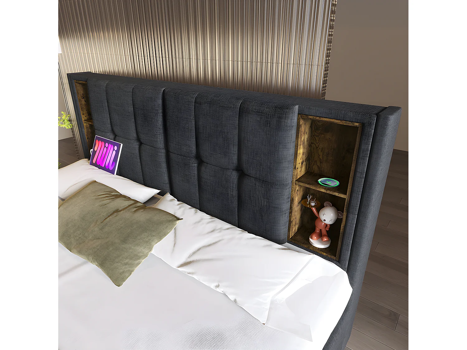 Cama acolchoada para adulto 180 x 1335 cm, sem cabeceira, com faixa LED (monocromática), base com suspensão hidráulica, bege.