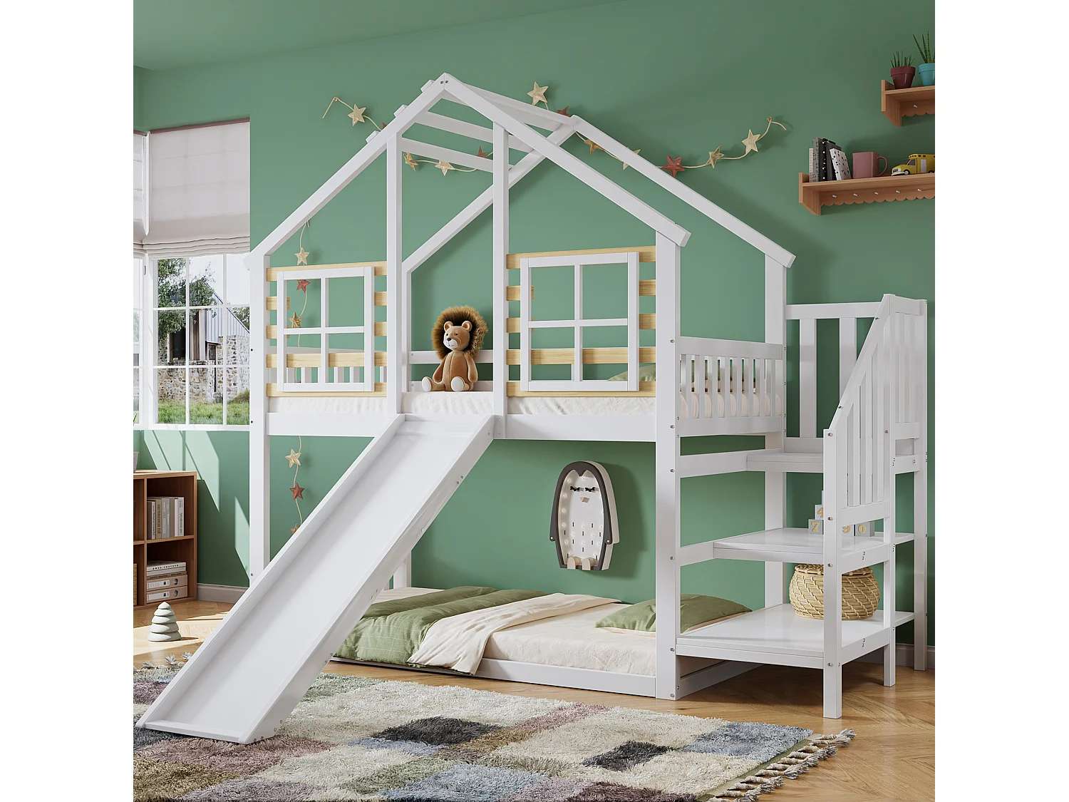 Lits Superposés En Bois - 90 X 200 cm - Avec Escalier - Toboggan Et Fenêtre - Protection Antichute - Blanc