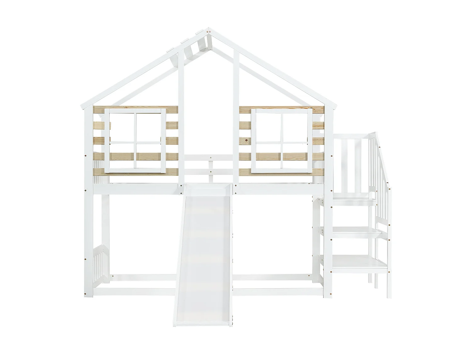Lits Superposés En Bois - 90 X 200 cm - Avec Escalier - Toboggan Et Fenêtre - Protection Antichute - Blanc