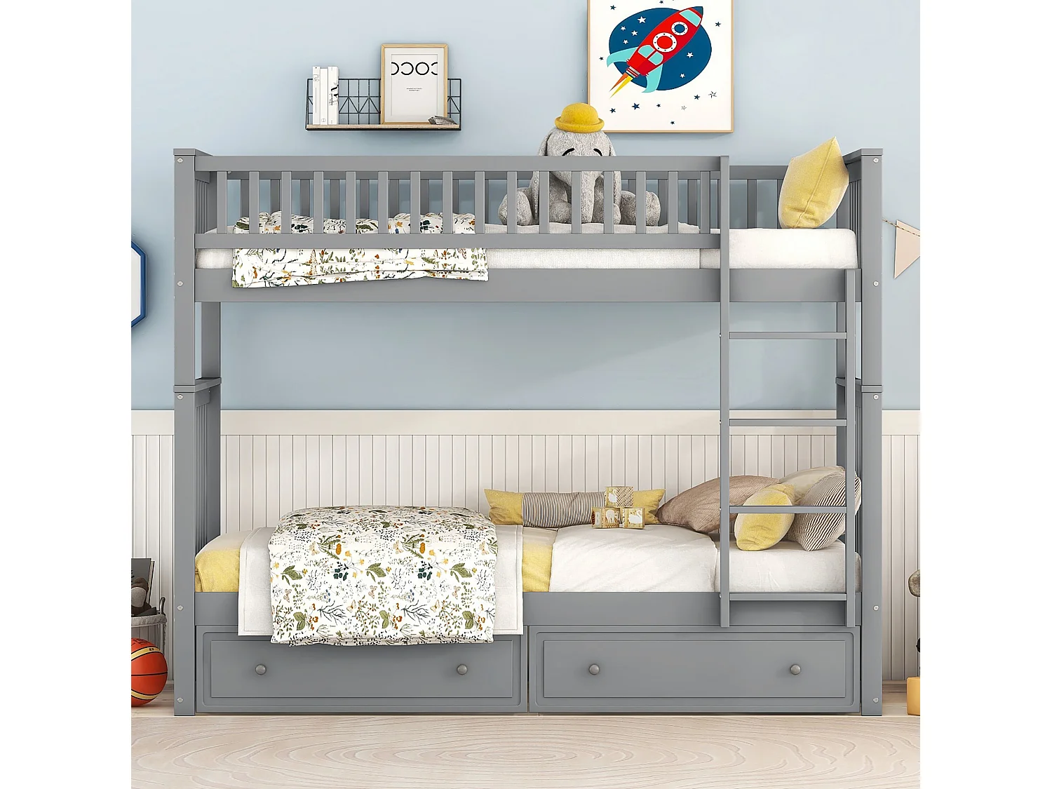 Lit Mezzanine Enfant 90 X 200 cm En Pin  - Lits Superposés Avec 2 Tiroirs - Gris