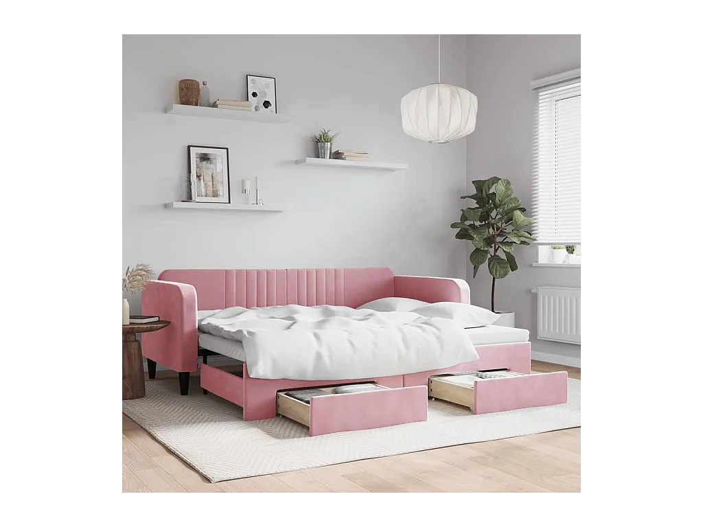 Lit de jour avec gigogne et tiroirs sans matelas rose 90x200 cm