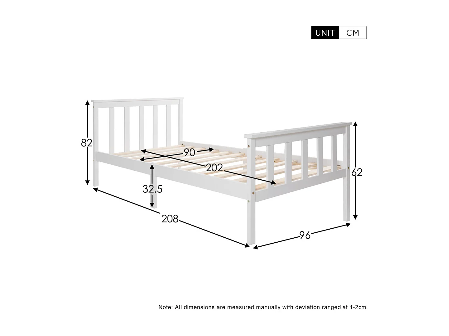 Lit Simple Enfant En Bois Massif 90 X 200 cm - Cadre De Lit Avec Sommier À Lattes - Blanc