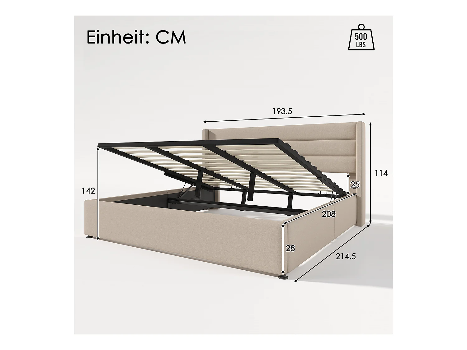 Lit Rembourré Double Rangement Hydraulique 180X200cm - Sommier À Lattes En Bois - Lit En Métal et Lin - Beige