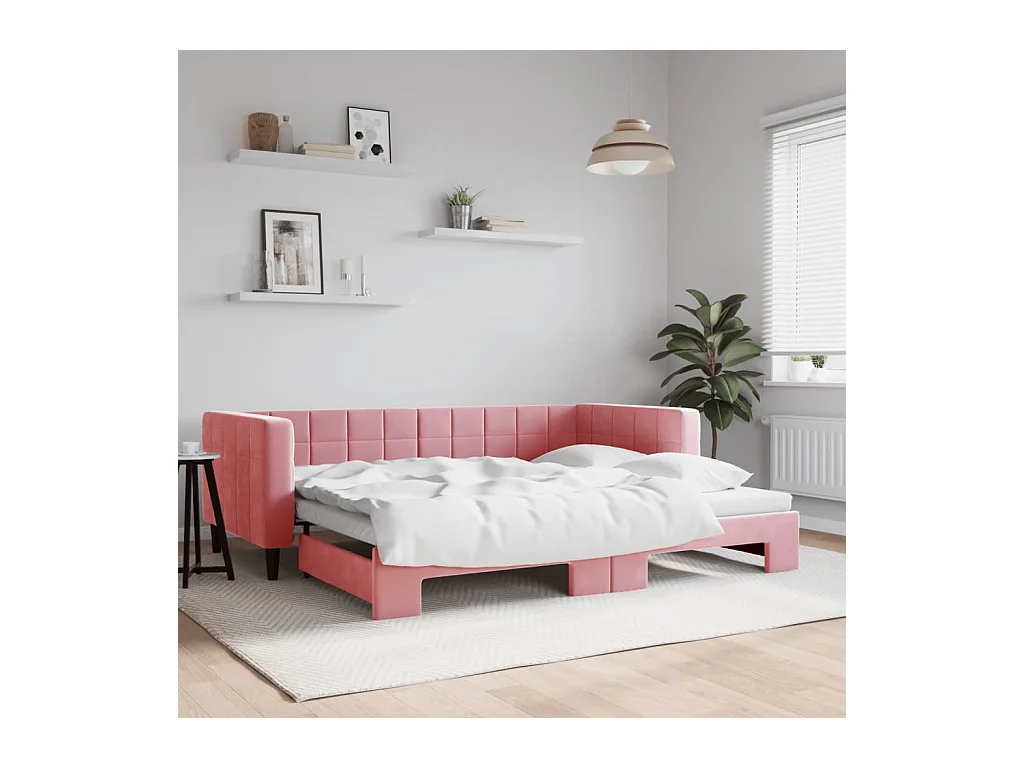 Slaapbank met onderschuifbed 90x200 cm fluweel roze