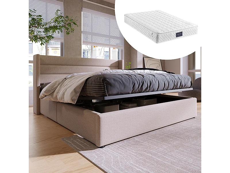 Lit de rangement Lit rembourré Hydraulique Lit double 140x200cm, Matelas inclus, Sommier à lattes en bois, Lit avec sommier à lattes en métal, Lin, Beige