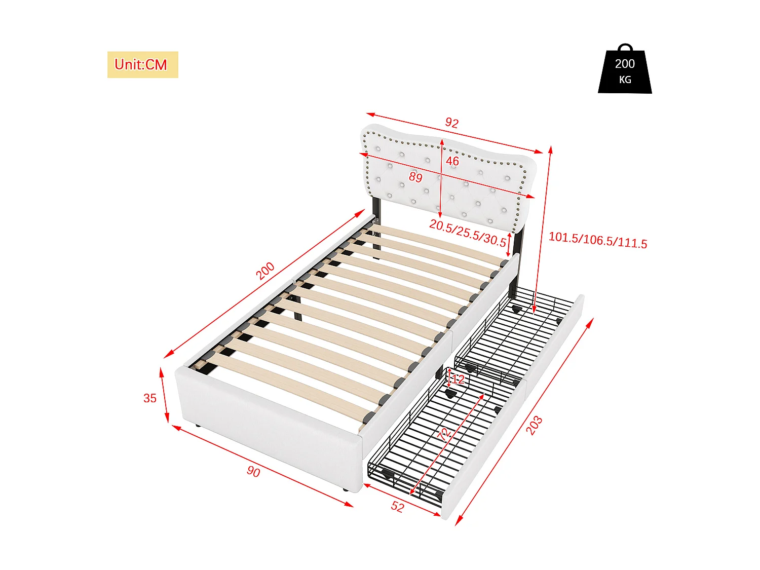 Lit plat rembourré beige clair 90 * 200cm, double tiroir, tête de lit avec rivets décoratifs