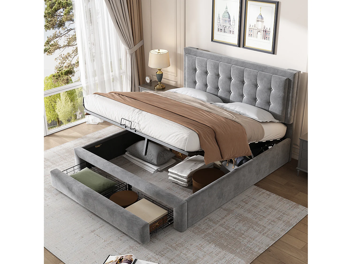 Cama acolchoada para adulto 180 x 1241 cm, sem cabeceira, com faixa LED (monocromática), base com suspensão hidráulica, bege.