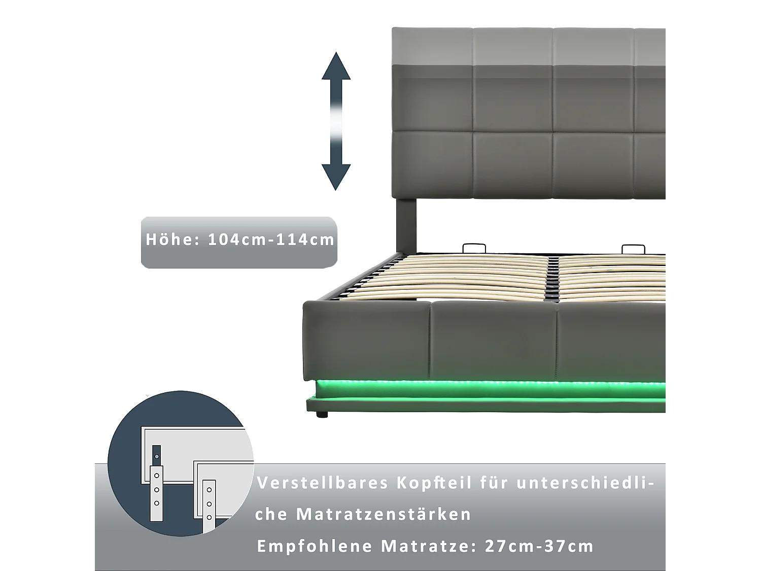 Cama acolchoada para adulto 180 x 1052 cm, sem cabeceira, com faixa LED (monocromática), base com suspensão hidráulica, bege.