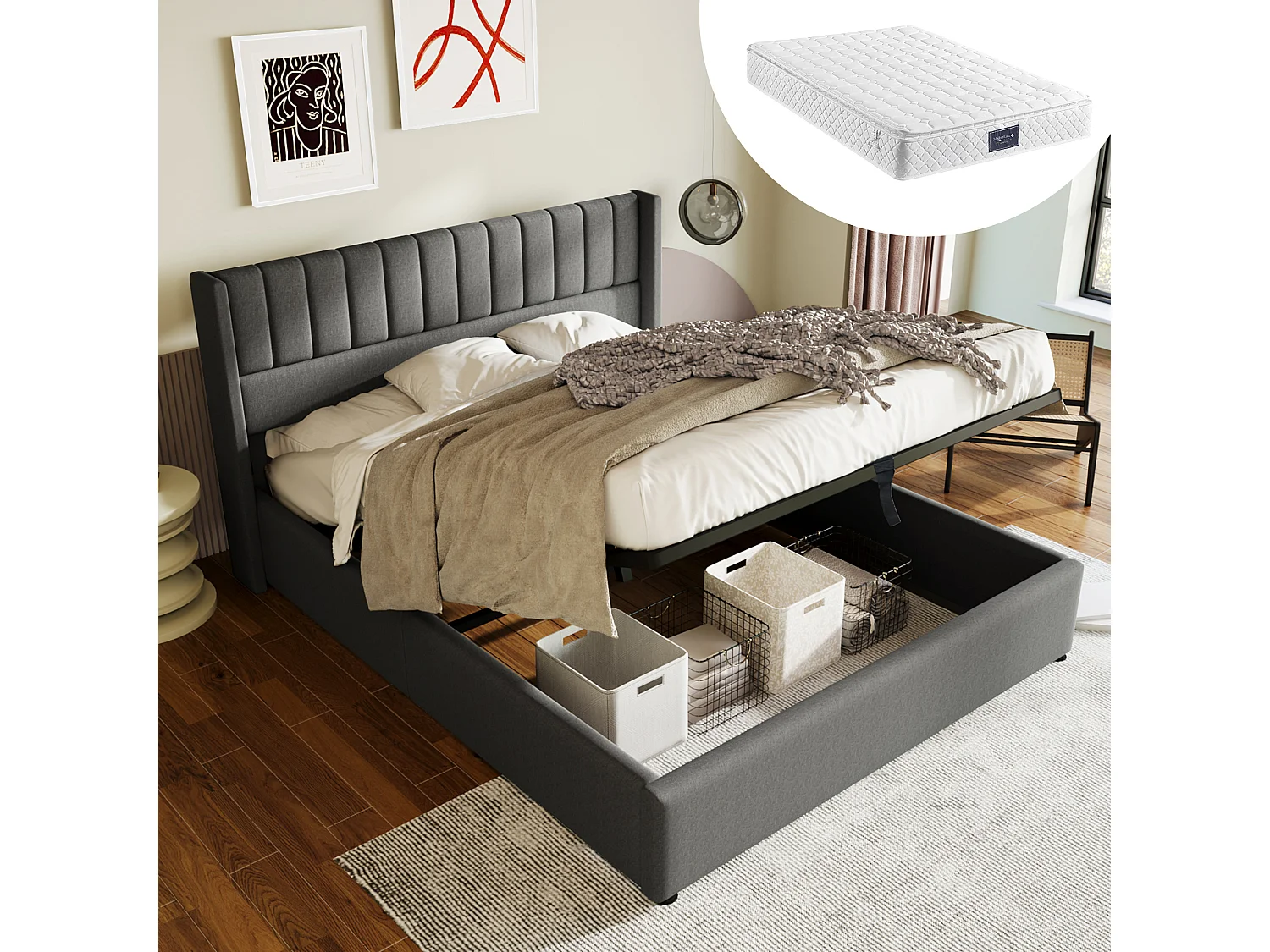Lit Capitonné Double 140*200 cm - Coffre Sommier En Bois - Lit Sommier En Métal - Lin - Gris - Matelas Inclus