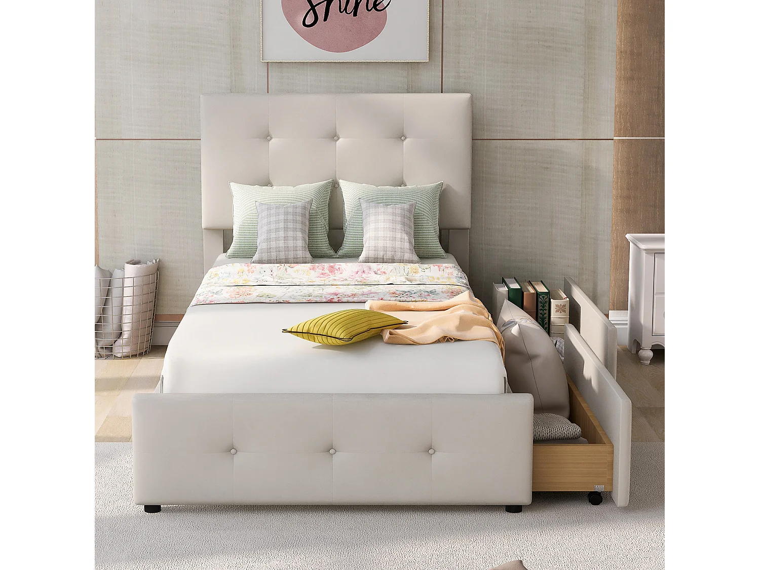 Cama acolchoada para adulto 180 x 669 cm, sem cabeceira, com faixa LED (monocromática), base com suspensão hidráulica, bege.