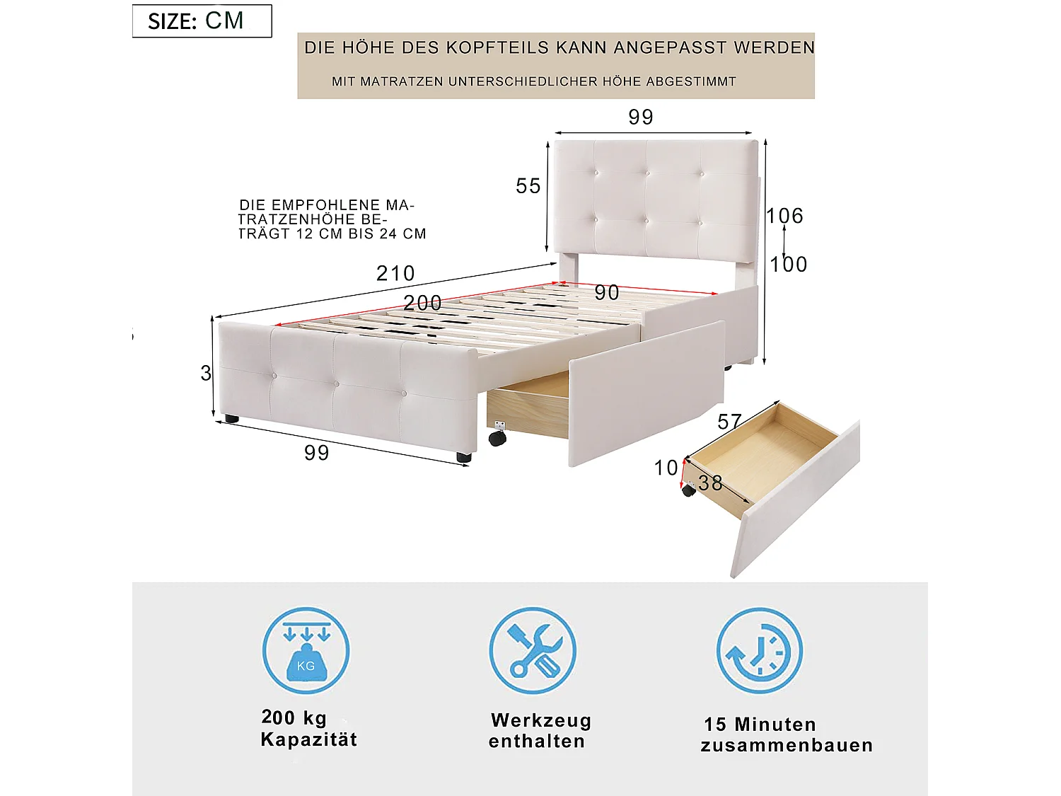 Cama acolchoada para adulto 180 x 669 cm, sem cabeceira, com faixa LED (monocromática), base com suspensão hidráulica, bege.