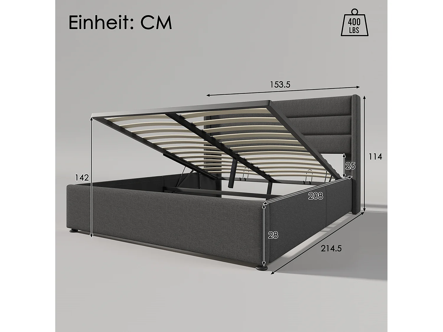 Cama acolchoada para adulto 180 x 821 cm, sem cabeceira, com faixa LED (monocromática), base com suspensão hidráulica, bege.