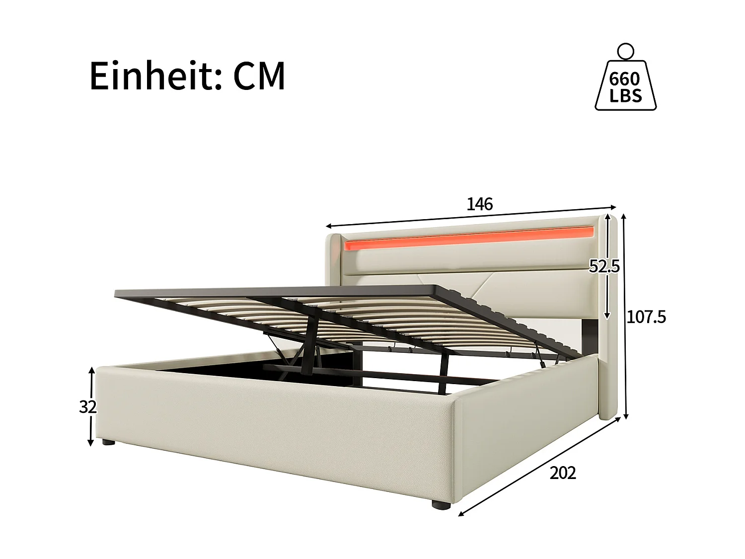 Lit coffre double avec barre d'éclairage LED, Lit double Cadre de lit Lit capitonné 140x200cm, Lit fonctionnel, Blanc (Avec matelas)