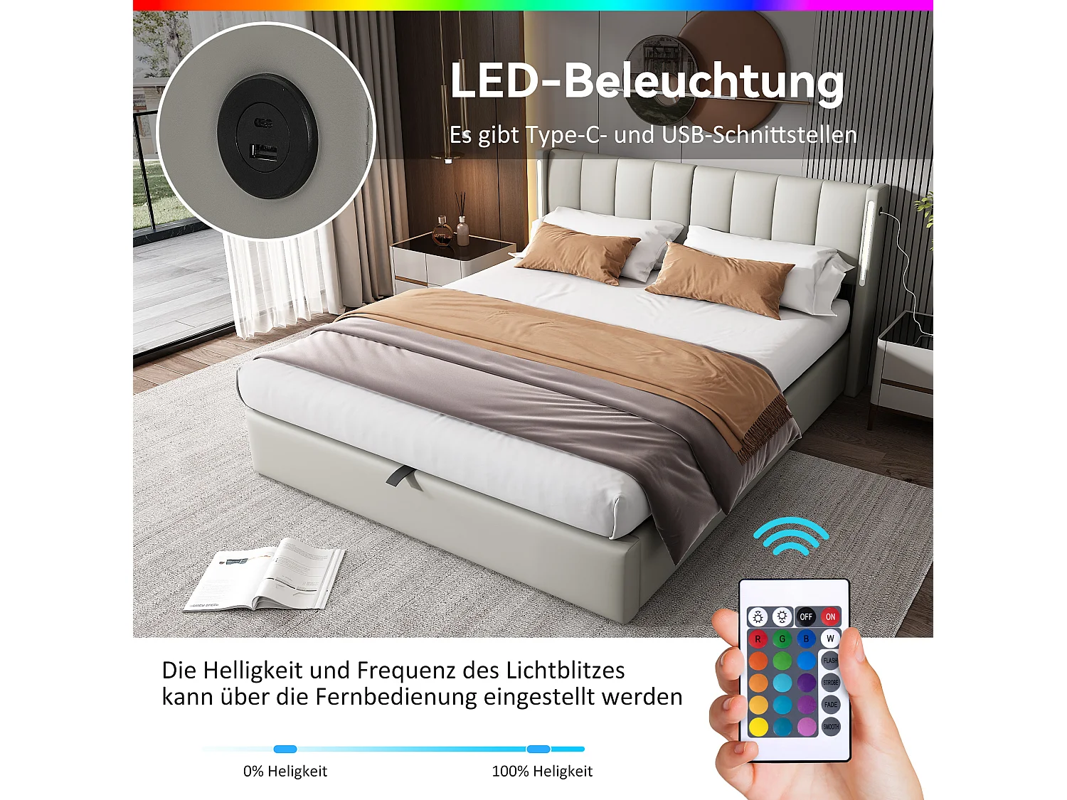 Lit souple gris 160 x 200 cm, port USB rechargeable sur le lit avec éclairage LED et rangement, tête de lit réglable