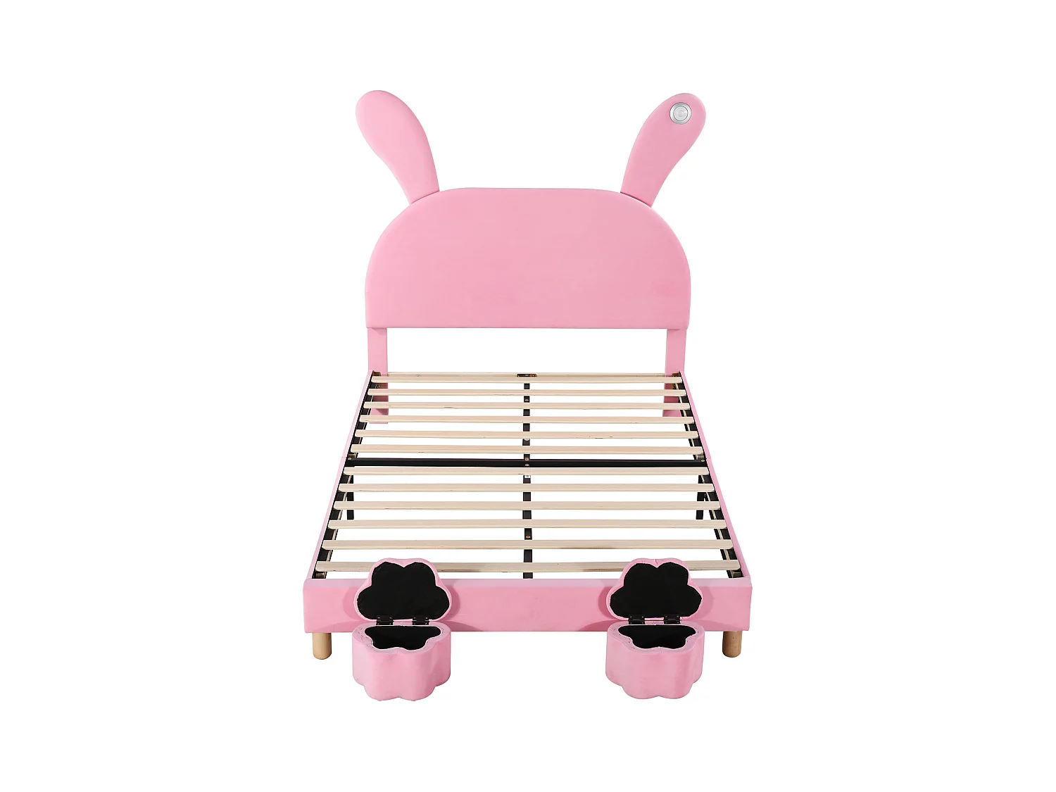 Lit rembourré rose 140x200, velours français avec deux tabourets de rangement, lampe de chevet LED et cadre à lattes, sans matelas