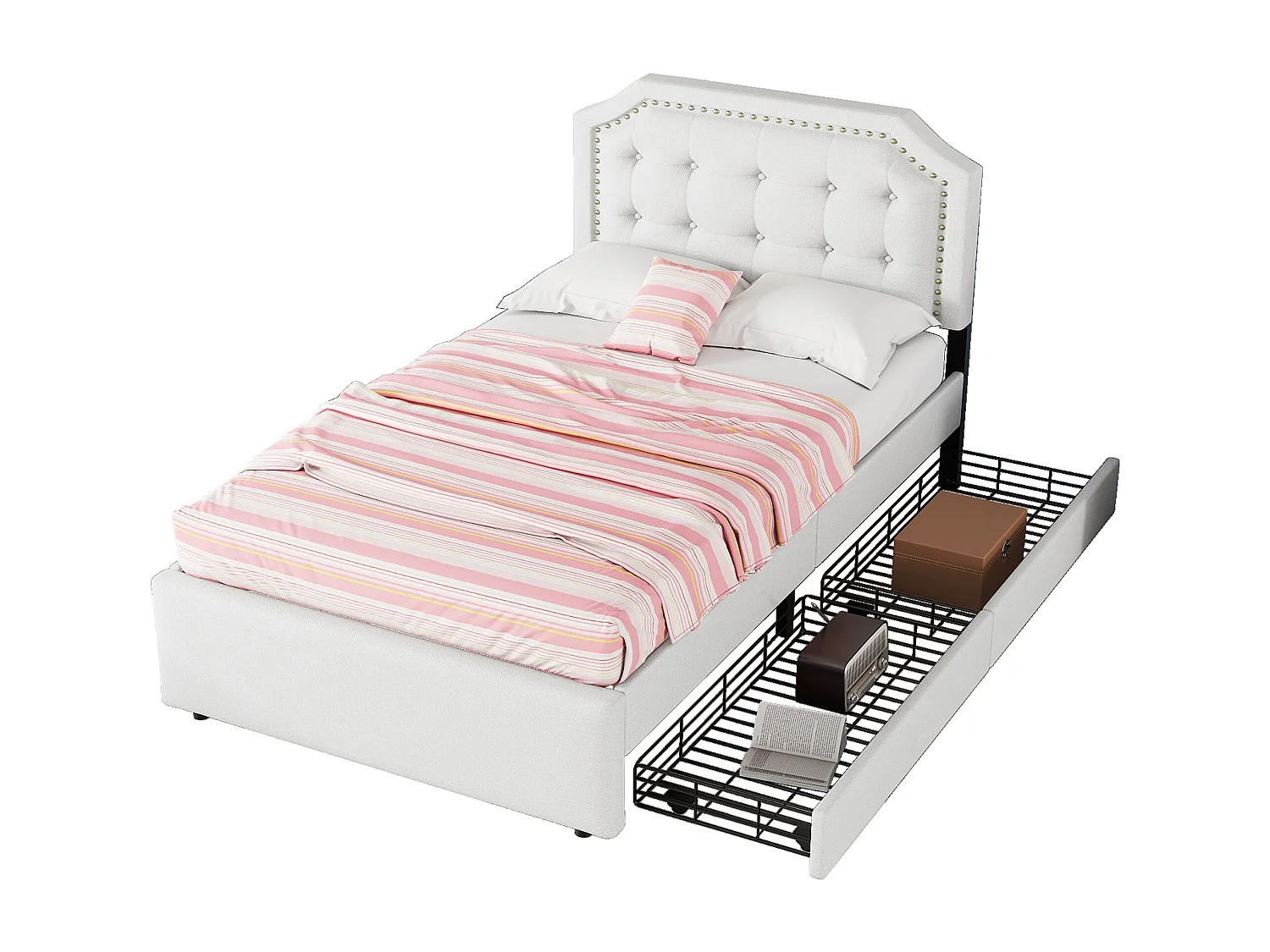 Cama acolchoada para adulto 180 x 895 cm, sem cabeceira, com faixa LED (monocromática), base com suspensão hidráulica, bege.