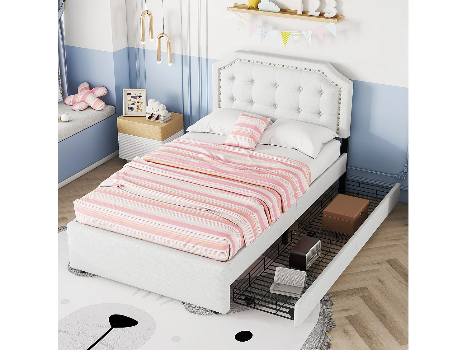 Cama acolchoada para adulto 180 x 895 cm, sem cabeceira, com faixa LED (monocromática), base com suspensão hidráulica, bege.