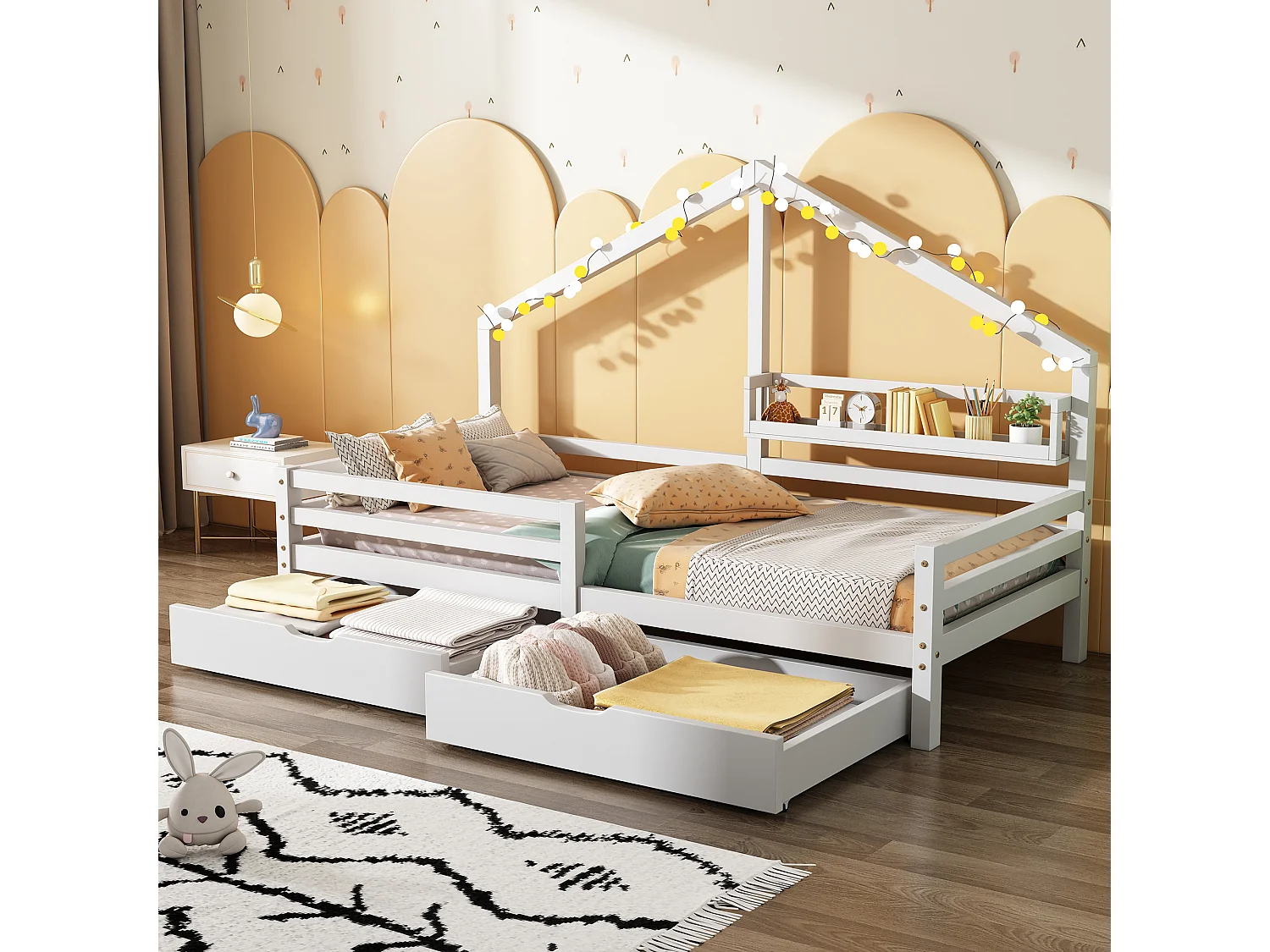 Lit Maison Simple 90 X 200 cm Avec Étagère De Rangement Et Deux Grands Tiroirs - Forme Cheminée - Bois De Pin - Blanc