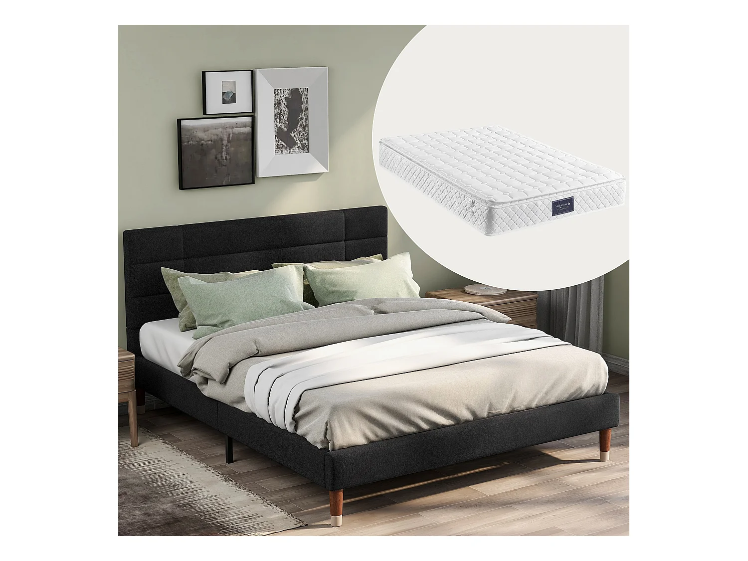 Lit Capitonné Double - 140 X 200 cm - Avec Sommier À Lattes - Tête De Lit - Noir - Matelas Inclus