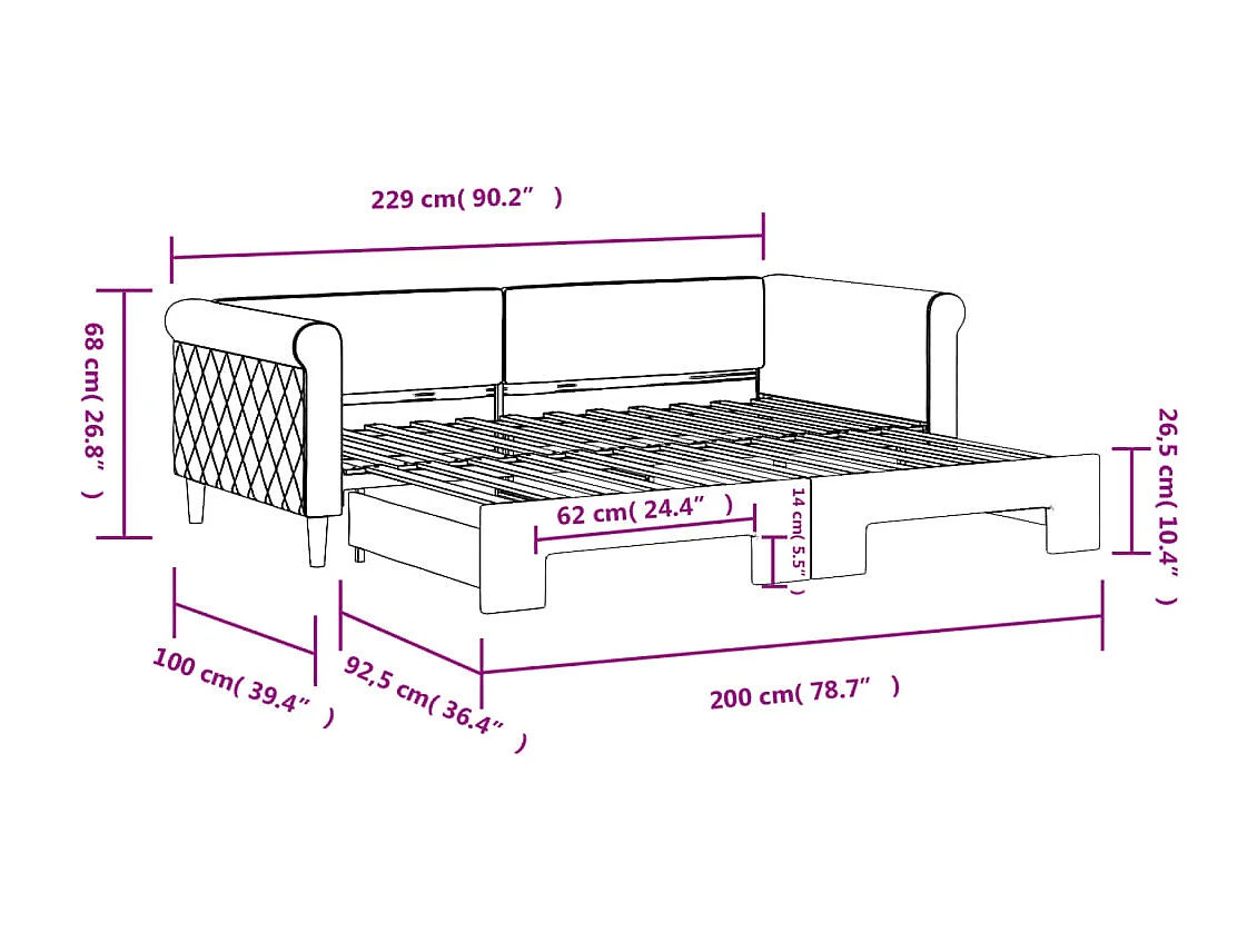 Slaapbank met onderschuifbed 90x200 cm fluweel roze