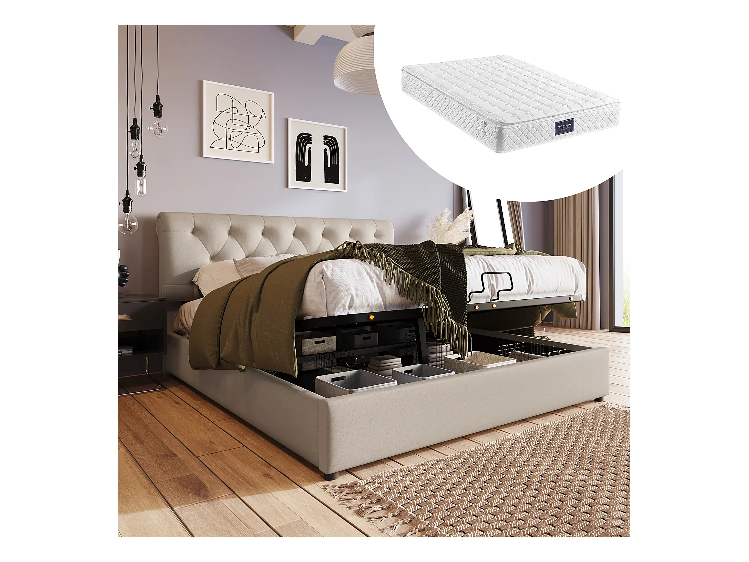 Lit Rembourré Hydraulique 160X200cm - Tête De Lit Réglable - Sommier À Lattes En Métal -  Espace De Rangement - Matelas Inclus
