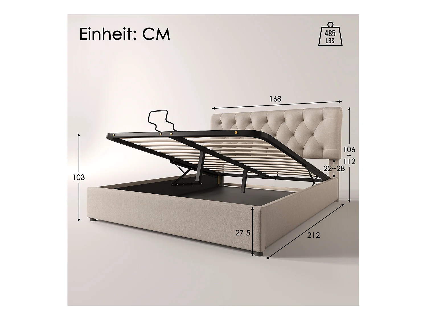 Lit Rembourré Hydraulique 160X200cm - Tête De Lit Réglable - Sommier À Lattes En Métal -  Espace De Rangement - Matelas Inclus
