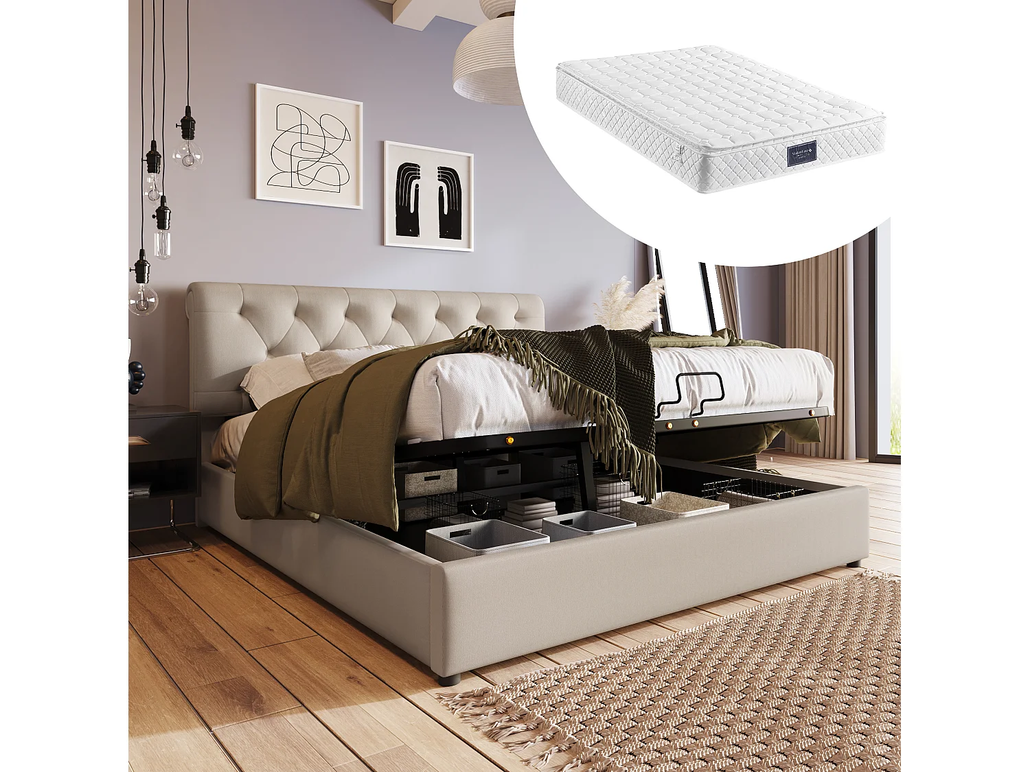 Lit Rembourré Hydraulique 160X200cm - Tête De Lit Réglable - Sommier À Lattes En Métal -  Espace De Rangement - Matelas Inclus