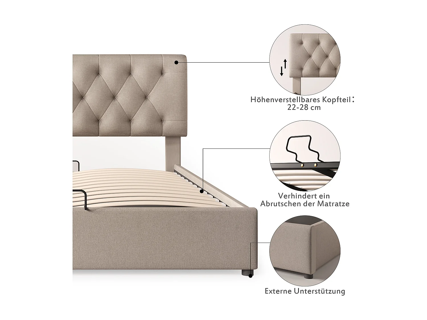 Lit Rembourré Hydraulique 160X200cm - Tête De Lit Réglable - Sommier À Lattes En Métal -  Espace De Rangement - Matelas Inclus