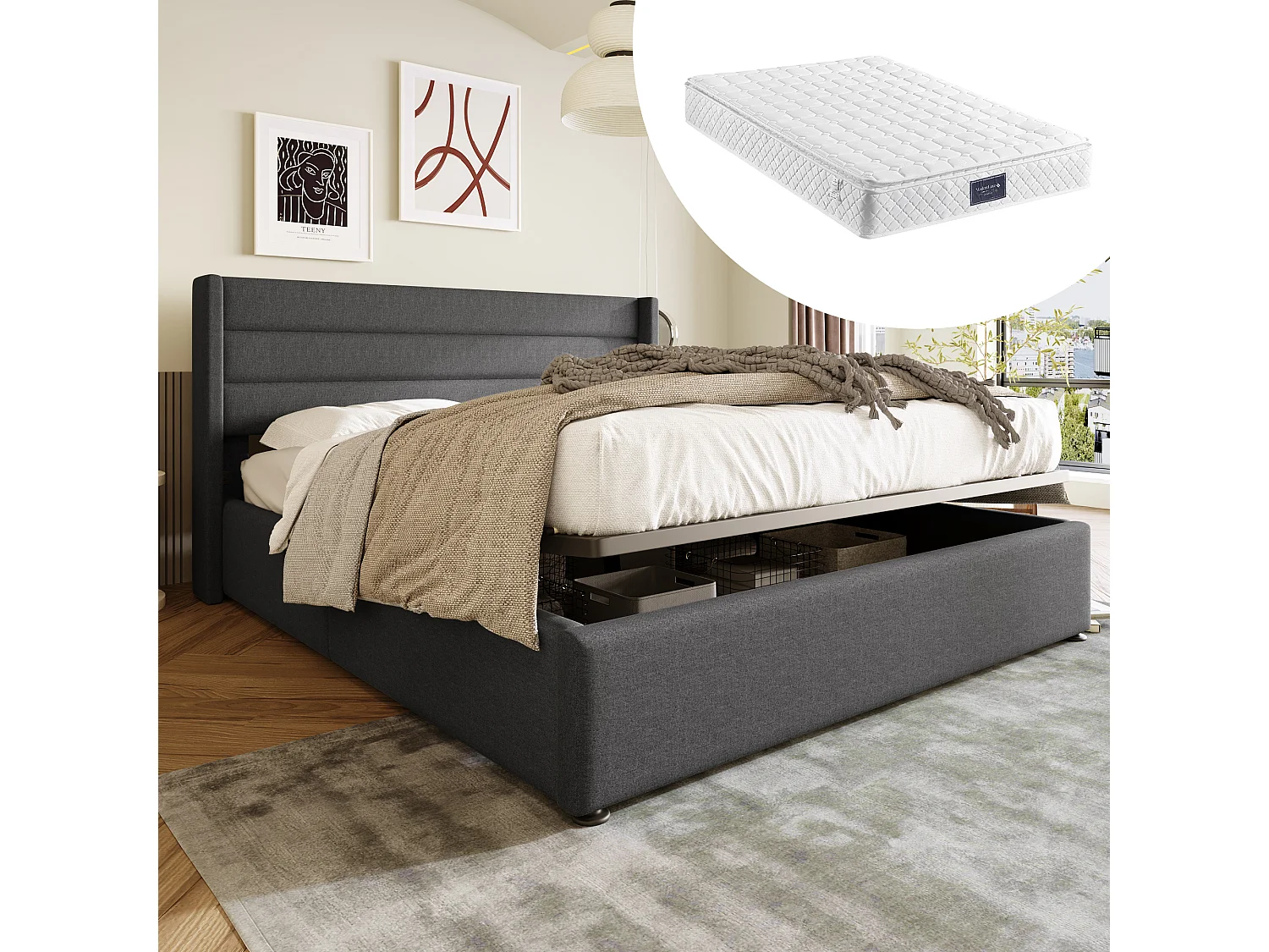 Lit Capitonné Double Hydraulique 160X200cm - Sommier À Lattes En Bois - Lit En Métal et Lin - Gris - Matelas Inclus