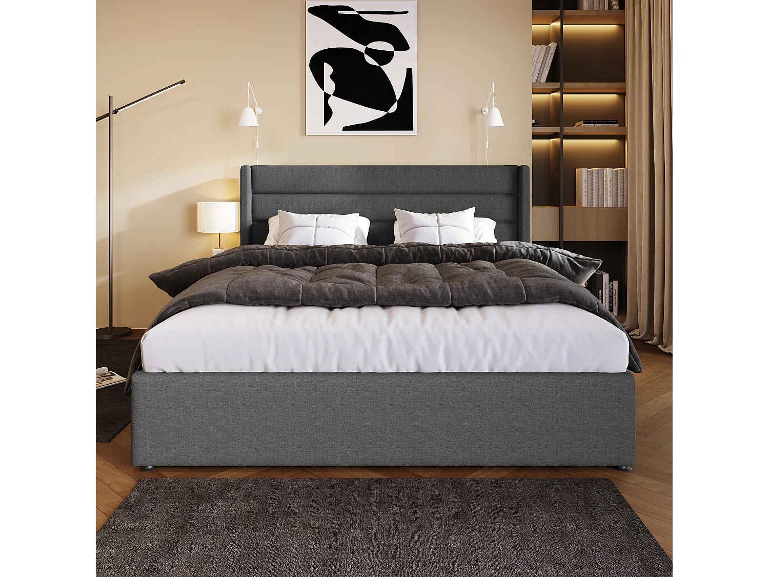 Lit Capitonné Double Hydraulique 160X200cm - Sommier À Lattes En Bois - Lit En Métal et Lin - Gris - Matelas Inclus