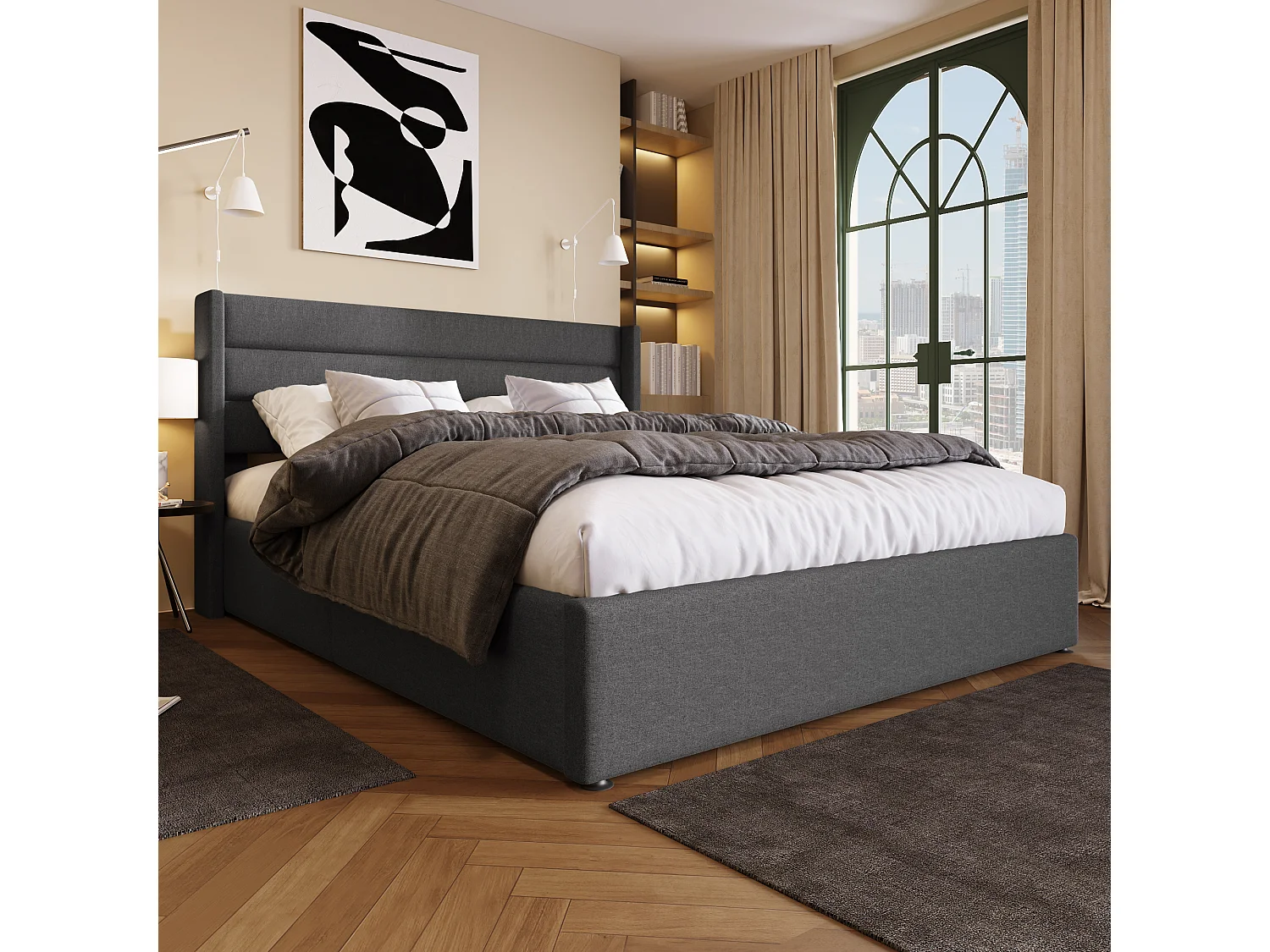 Lit Capitonné Double Hydraulique 160X200cm - Sommier À Lattes En Bois - Lit En Métal et Lin - Gris - Matelas Inclus