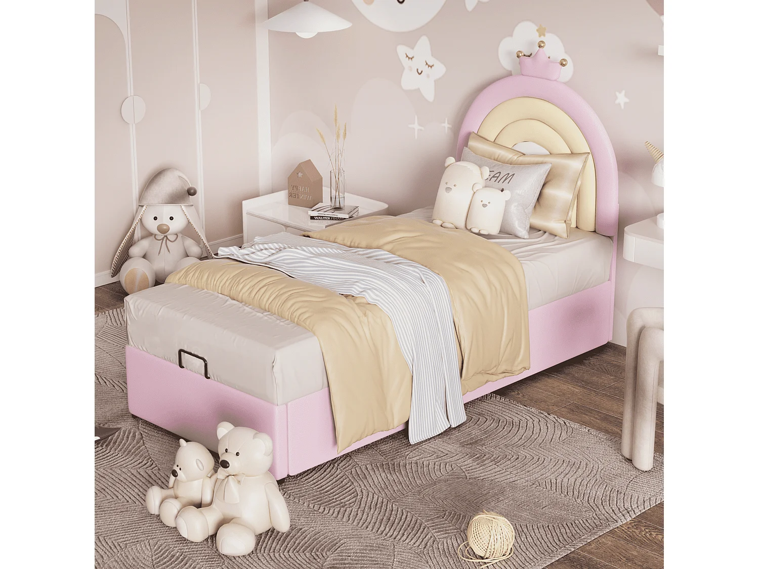 Lit rembourré Rose 90 * 200, lit Junior, cadre à lattes et tête de lit, support à lattes en bois, tête de lit réglable en hauteur