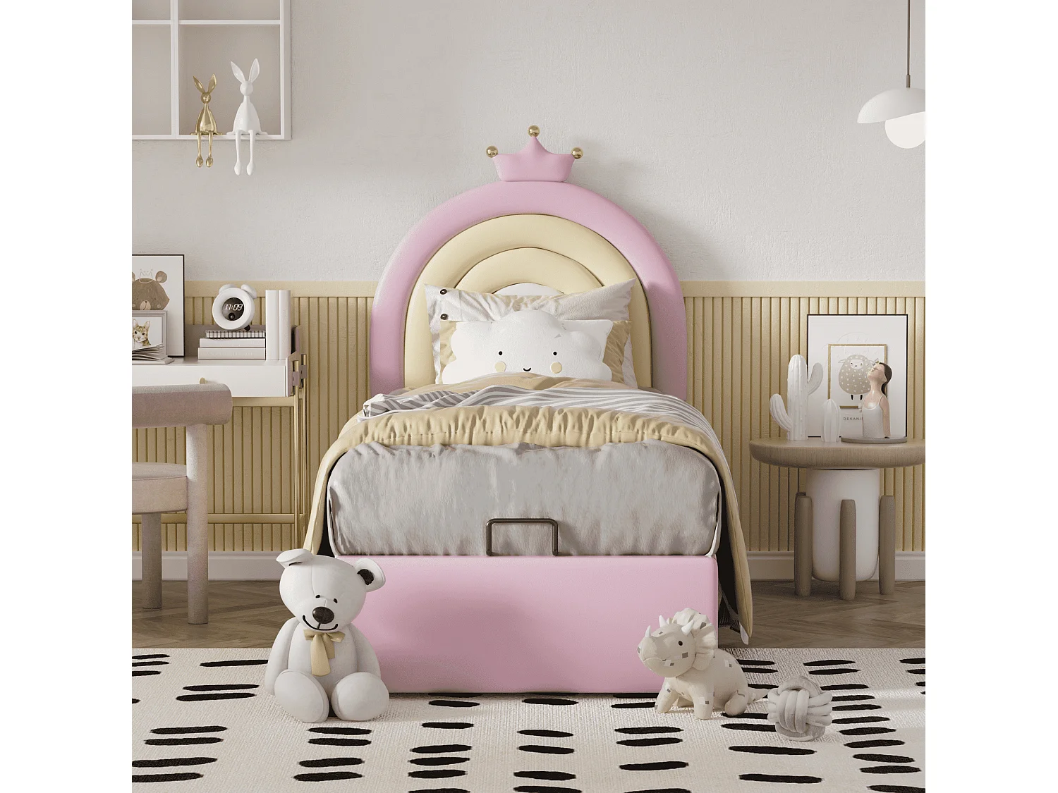 Lit rembourré Rose 90 * 200, lit Junior, cadre à lattes et tête de lit, support à lattes en bois, tête de lit réglable en hauteur