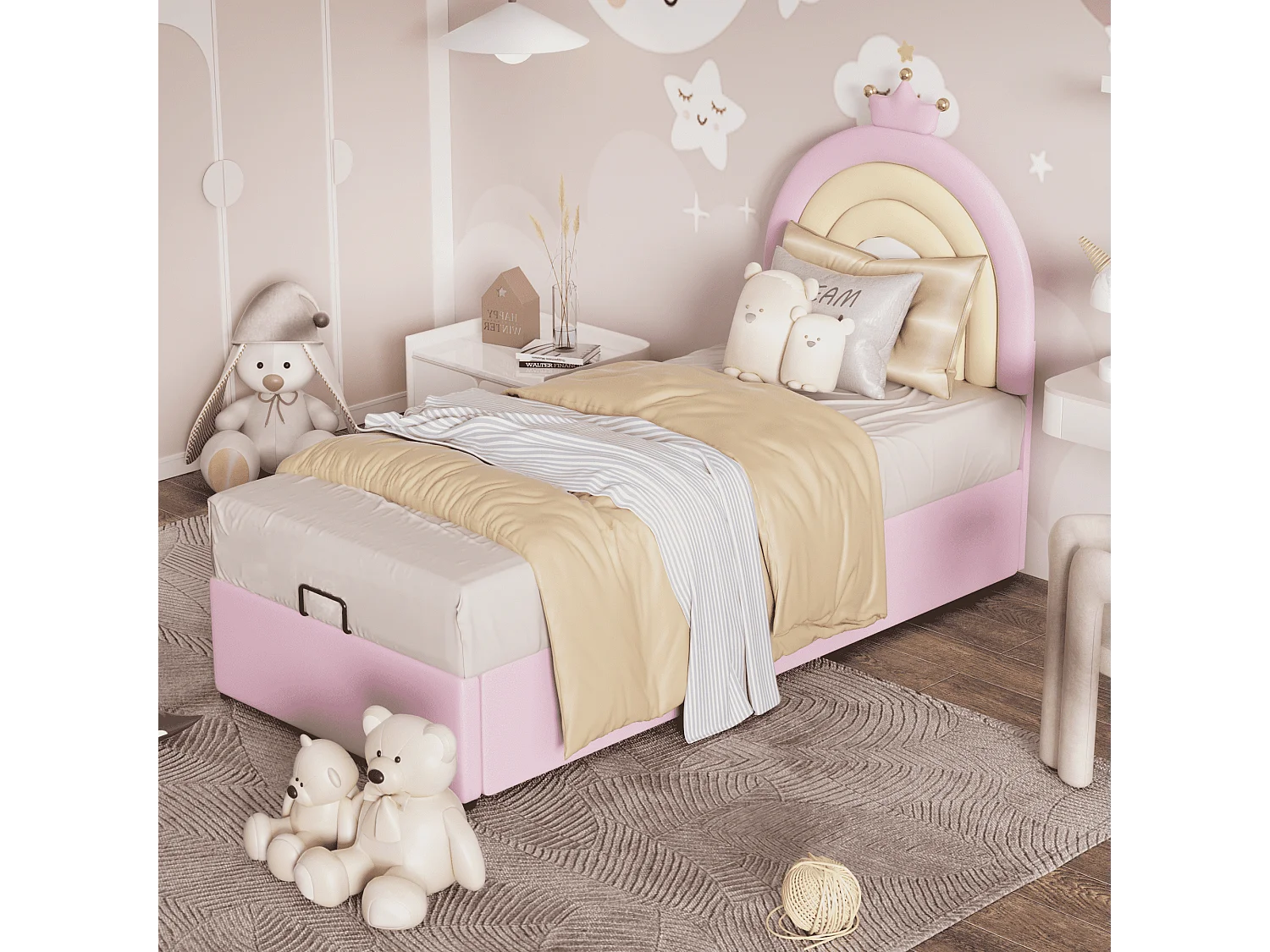 Lit rembourré Rose 90 * 200, lit Junior, cadre à lattes et tête de lit, support à lattes en bois, tête de lit réglable en hauteur