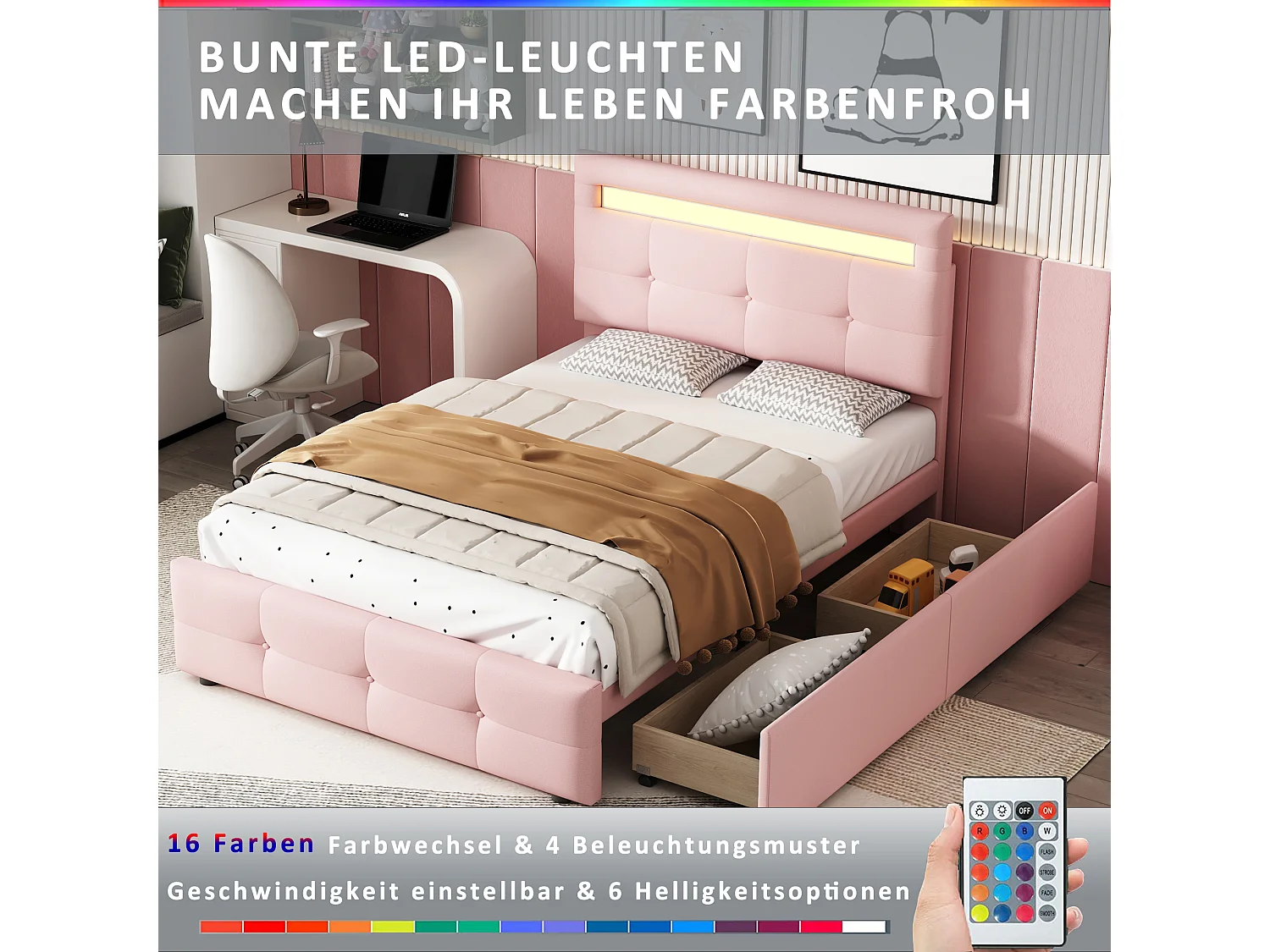 Lit Rembourré Simple 90*200 cm Avec Lumières LED - 2 Tiroirs - En Lin - Lit D'Appoint - Rose