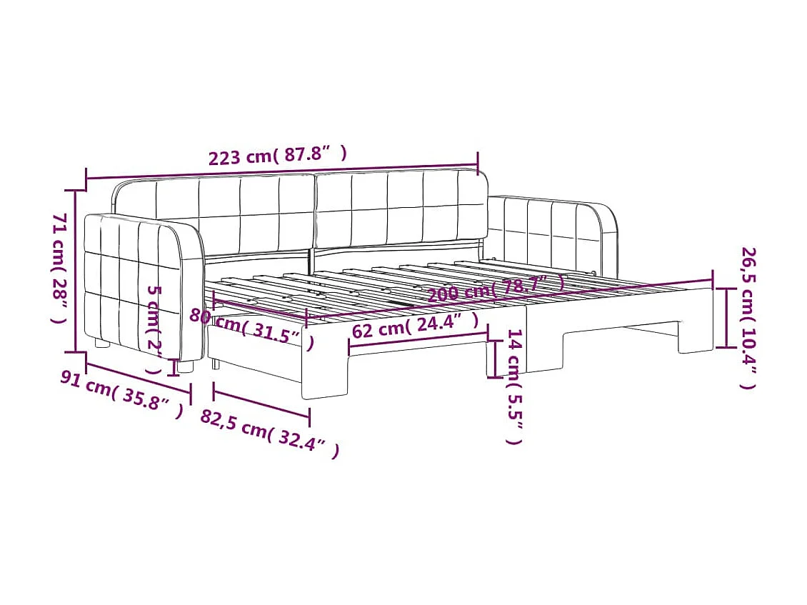 Lit de jour avec gigogne sans matelas rose 80x200 cm