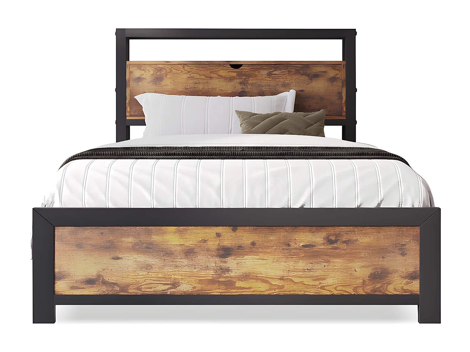 Lit simple 90x200 cm avec tête de lit à rangement et sommier métallique, Lit d'enfant Cadre de lit métallique Pour adultes, enfants, adolescents,Noir Lit industriel