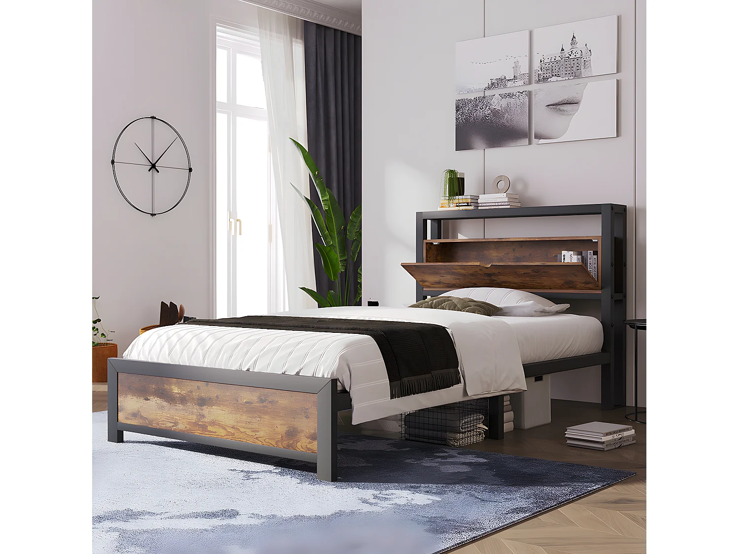 Lit simple 90x200 cm avec tête de lit à rangement et sommier métallique, Lit d'enfant Cadre de lit métallique Pour adultes, enfants, adolescents,Noir Lit industriel