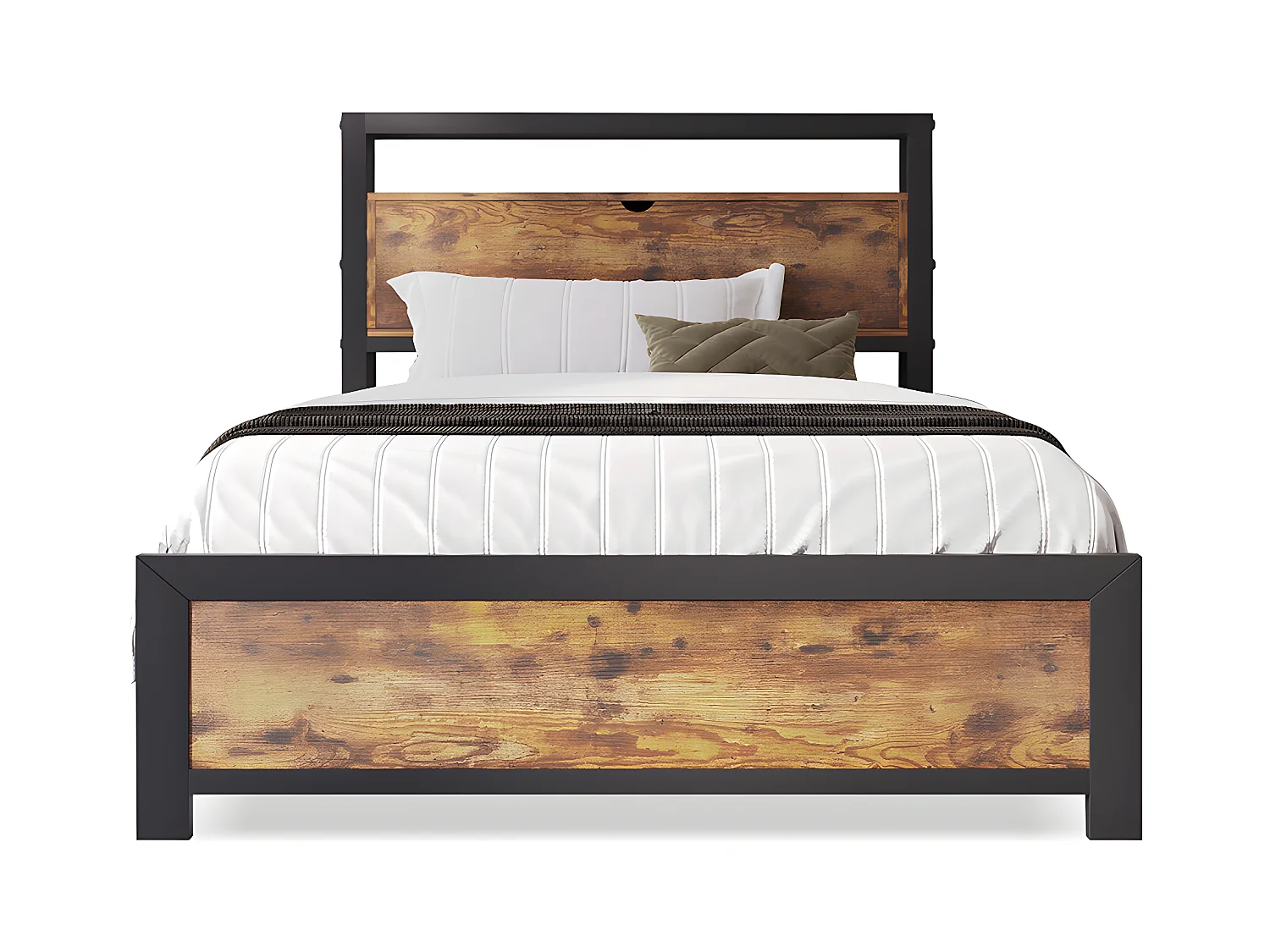 Lit simple 90x200 cm avec tête de lit à rangement et sommier métallique, Lit d'enfant Cadre de lit métallique Pour adultes, enfants, adolescents,Noir Lit industriel