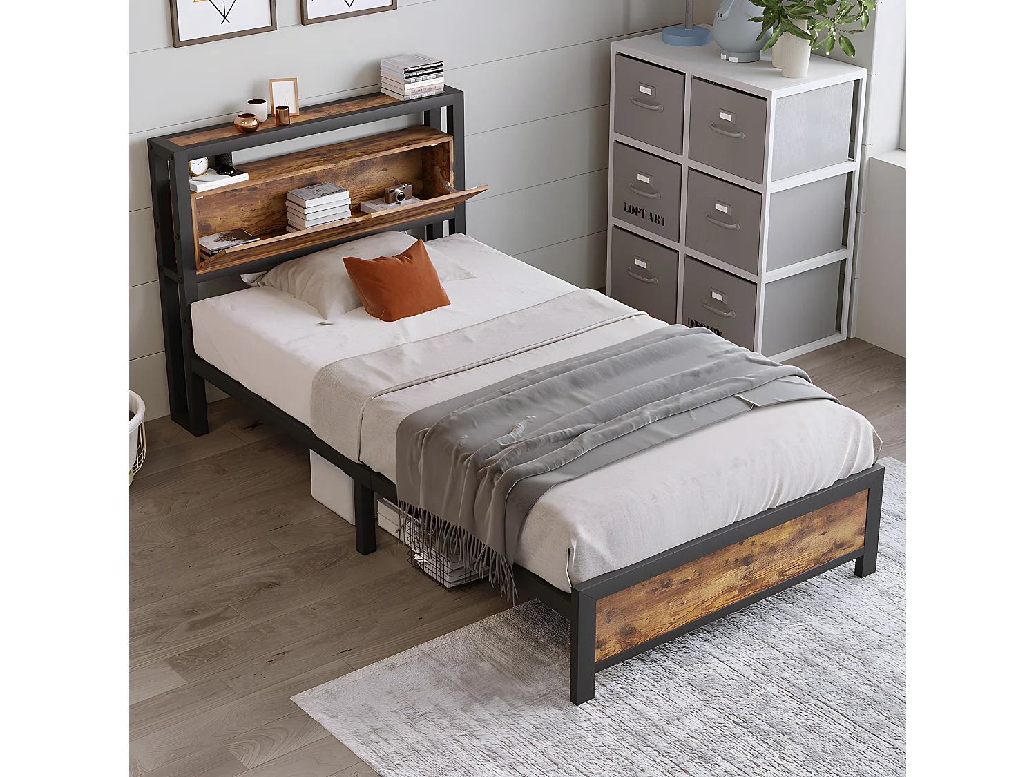 Cama acolchoada para adulto 180 x 672 cm, sem cabeceira, com faixa LED (monocromática), base com suspensão hidráulica, bege.