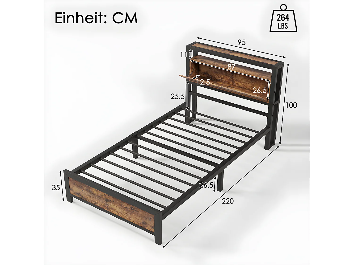 Cama acolchoada para adulto 180 x 672 cm, sem cabeceira, com faixa LED (monocromática), base com suspensão hidráulica, bege.
