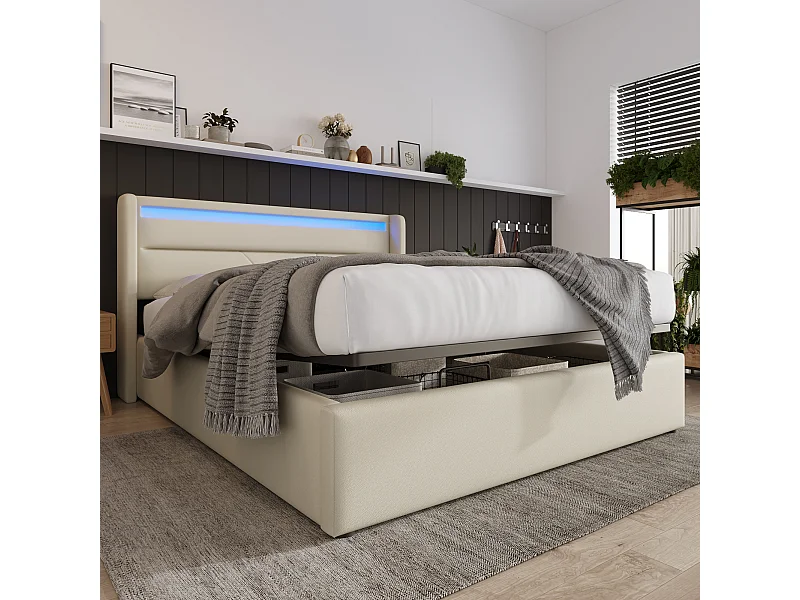 Lit Double Coffre Hydraulique Avec Bande Led - Lit Rembourré - 160X200cm - Lit Fonctionnel - Blanc - Avec Télécommande