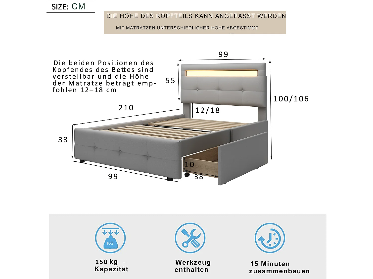 Lit Rembourré Simple 90*200 cm Avec Lumières LED - 2 Tiroirs - En Lin - Lit D'Appoint - Gris