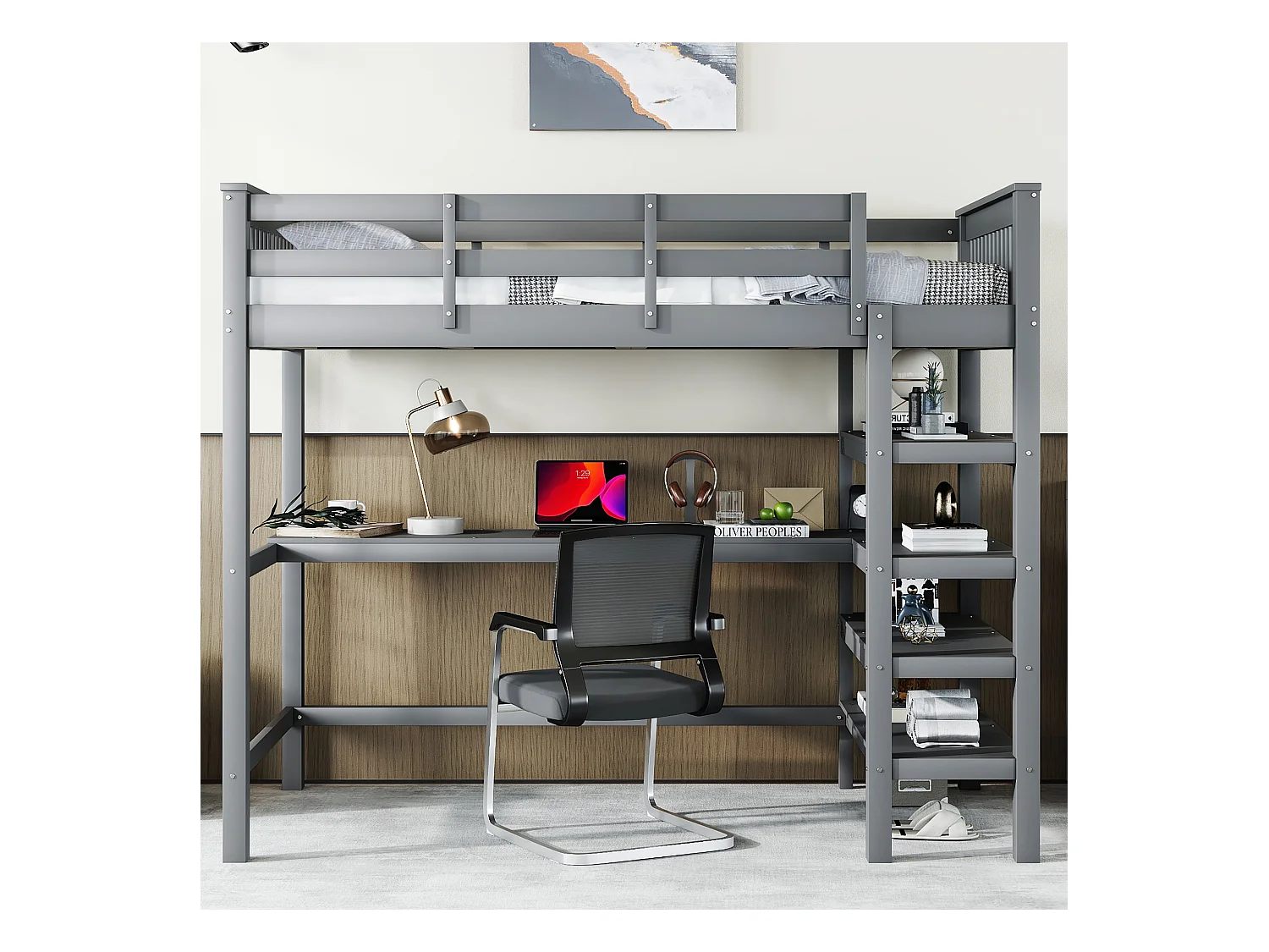Lit Enfant Mezzanine 90 X 200 cm Avec Rangements - Cadre De Lit Et Bureau Sous Lit - Gris