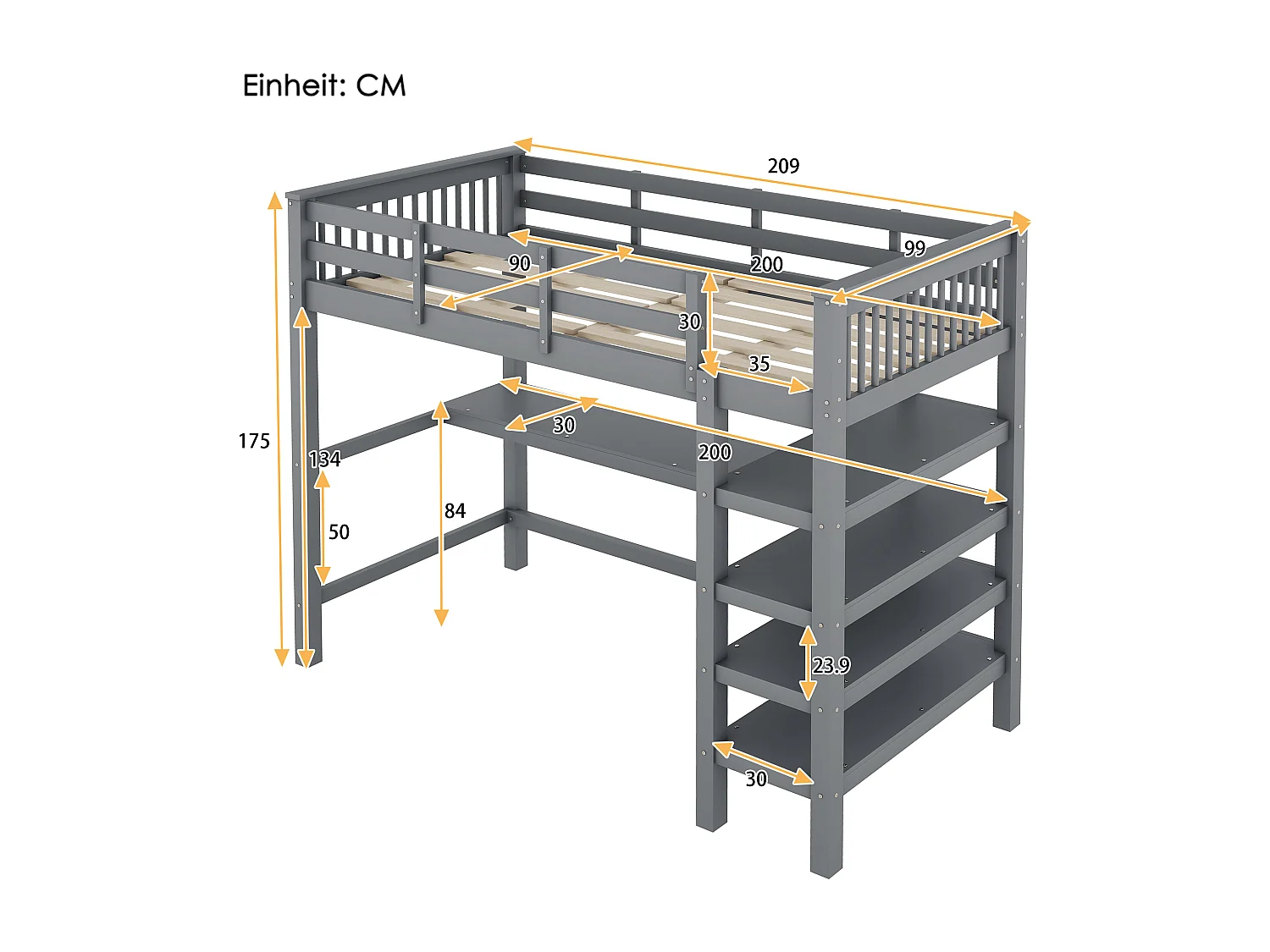 Lit Enfant Mezzanine 90 X 200 cm Avec Rangements - Cadre De Lit Et Bureau Sous Lit - Gris