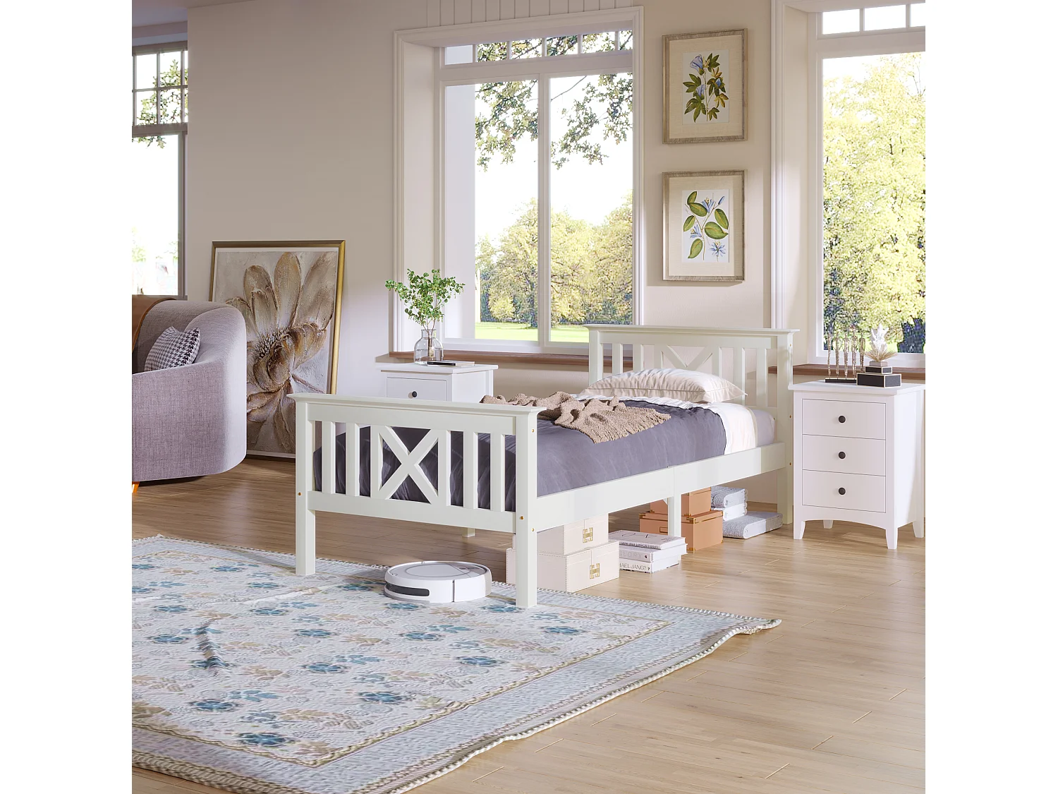 Lit Simple En Bois Massif - 90 X 200 cm - Structure De Lit Avec Sommier À Lattes - Tête De Lit - Blanc