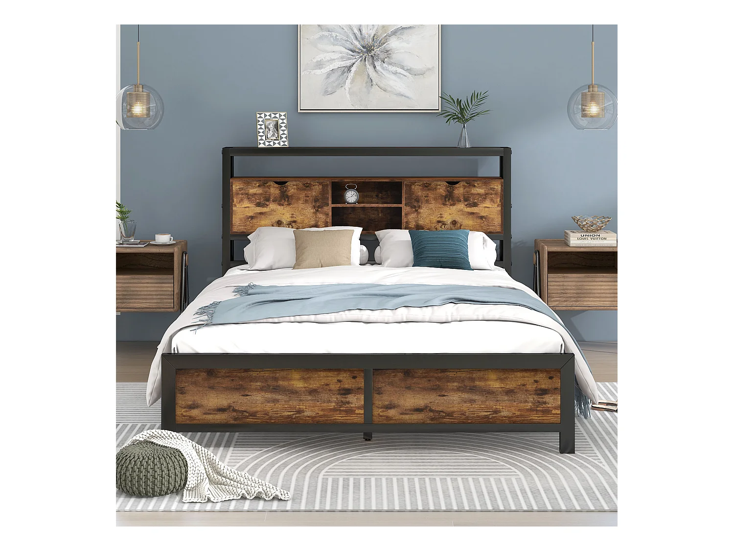 Lit Simple Enfant Ou Ado En Bois 140X200 cm Avec Tête De Lit Rangement et Sommier À Lattes En Métal - Noir