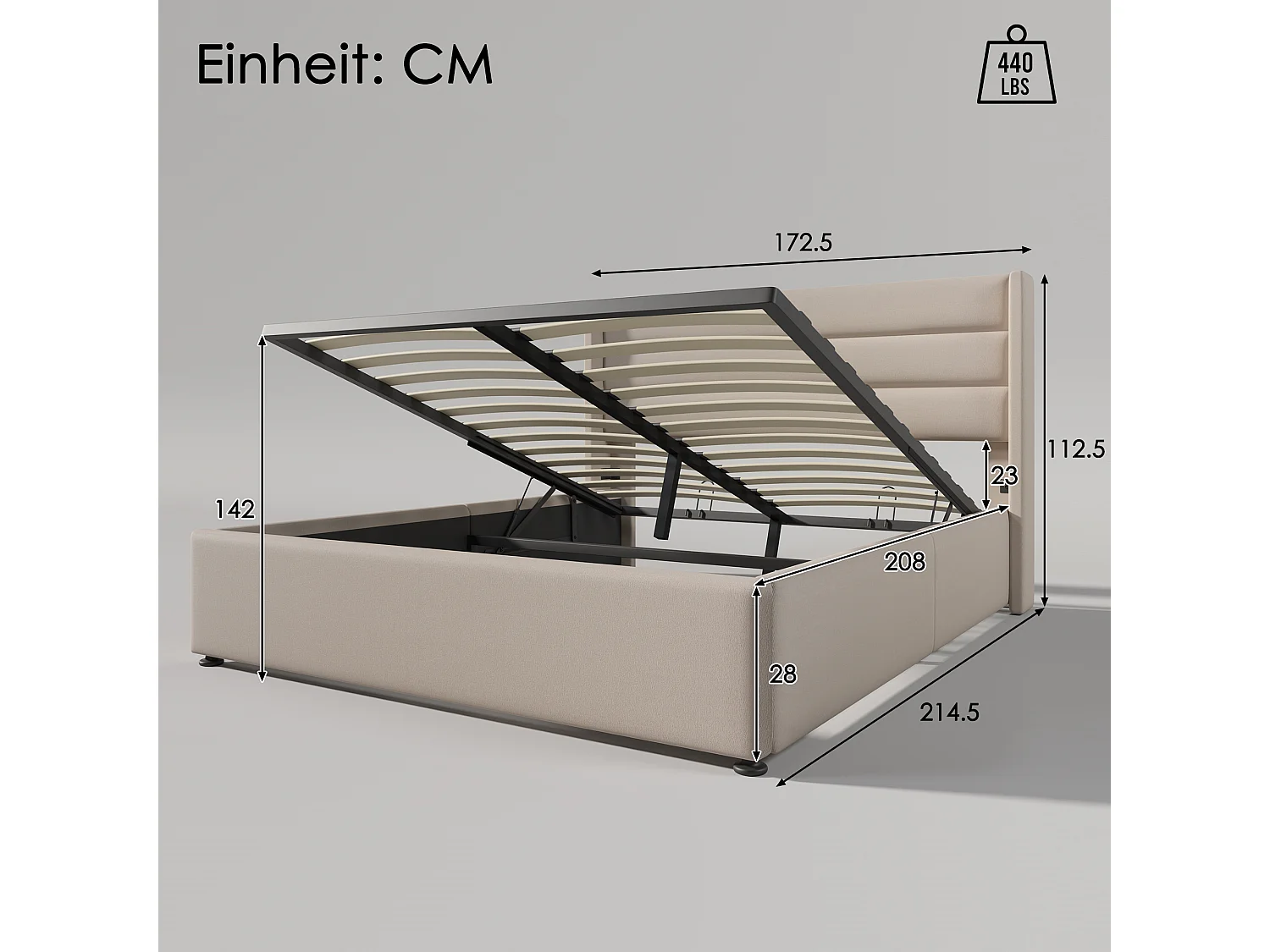 Cama acolchoada para adulto 180 x 695 cm, sem cabeceira, com faixa LED (monocromática), base com suspensão hidráulica, bege.